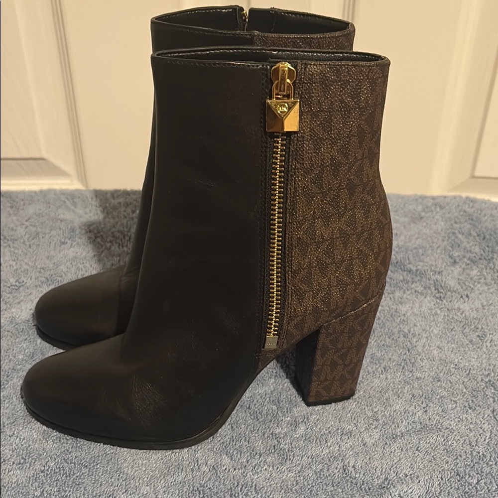 MICHAEL Michael Kors Black and Brown Heeled Boots with Monogram